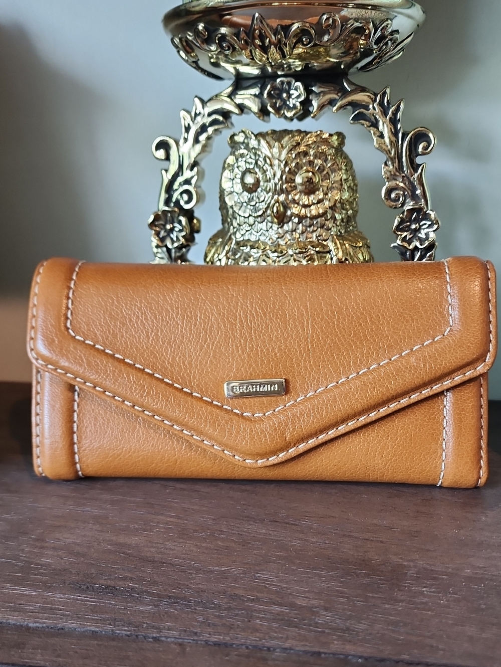 Brahmin Cognac Leather Envelope Wallet with Contrast Stitching